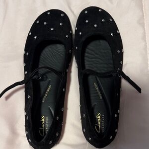 Clarks Black Studded Suede Mary Jane Flats